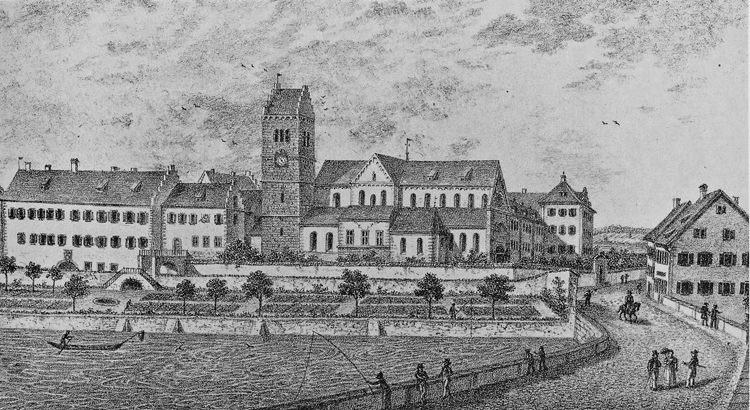 Zwischen Prälatur links und Konventgedäude rechts die Klosterkirche St. Gregor